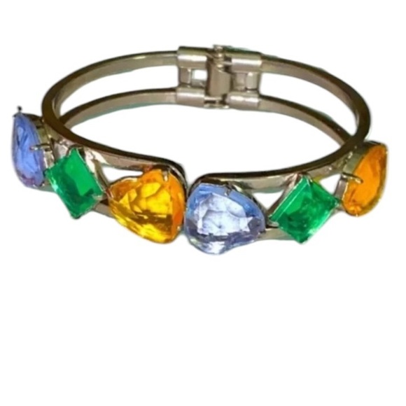 Vintage Colorful Rhinestone Heart Silver Tone Clamp Clamper Bracelet - Picture 2 of 6